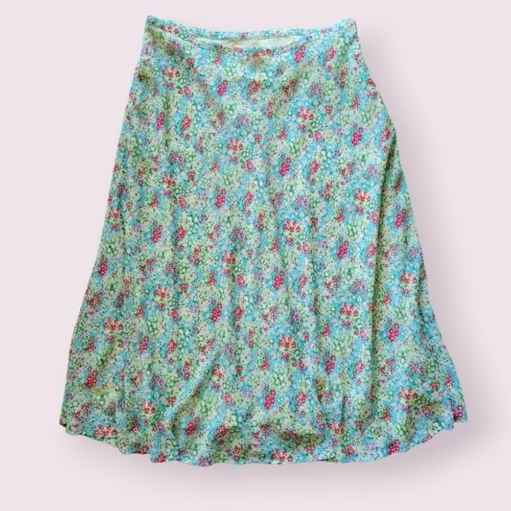 Vintage Turquoise Ditsy Floral Midi Skirt Size L 90s Y2K Cottagecore Lined - Picture 6 of 10